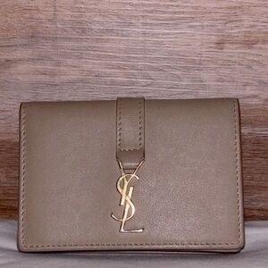 YSL Yves Saint Laurent Cassandra Warm Taupe Leather Trifold Compact Wallet